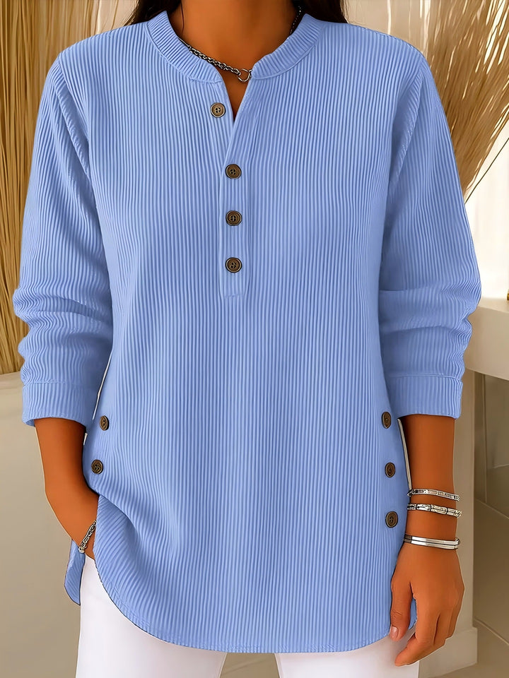 Women's plisse tunic blouse with stand-up collar, button placket and side decorative buttons Mune Fashion