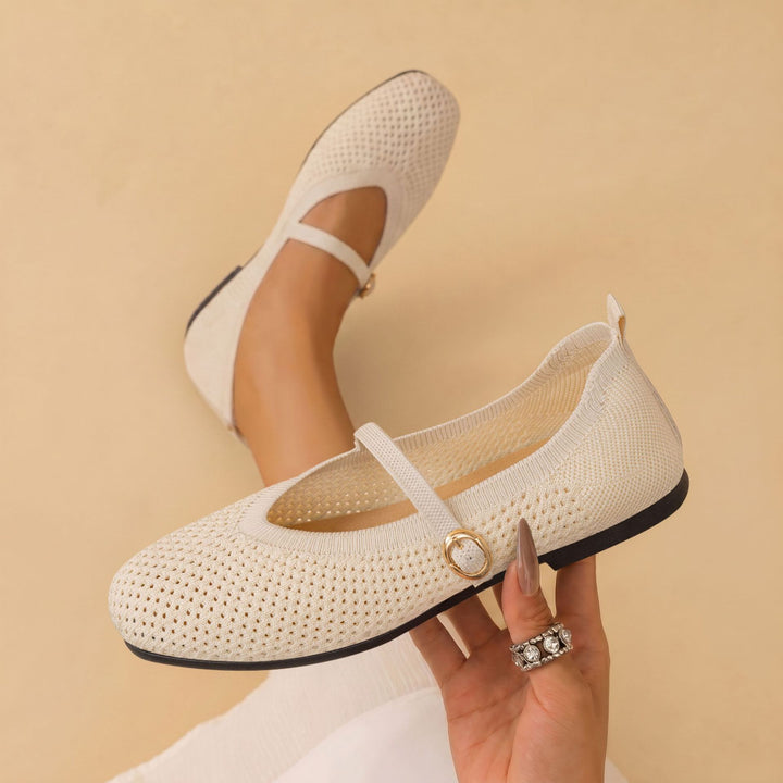 Women's breathable knitted Mary Jane ballerina shoes with elastic strap, gold decorative eyelet, and removable memory insole Mune Fashion