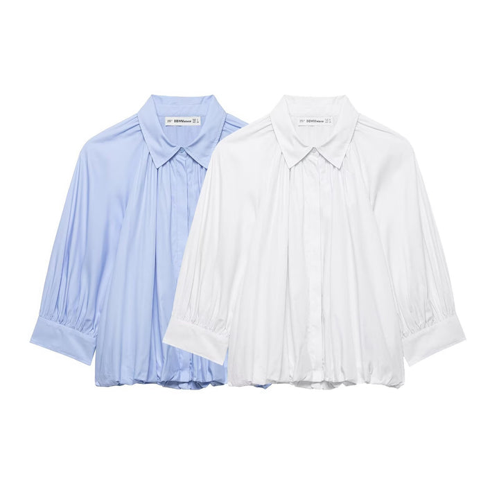 Women's Oversize Shirt Blouse with Pleats, Balloon Sleeves and Ruffled Hem Mune Fashion