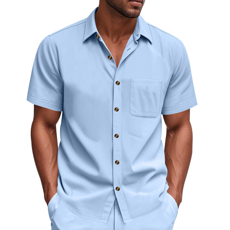 Men's short-sleeve resort shirt made of linen blend with chest pocket and drawstring Bermuda Mune Fashion