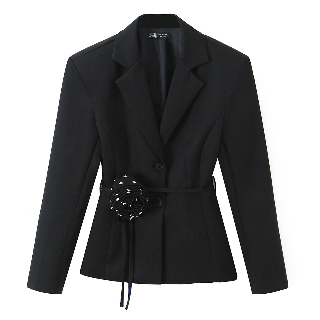 Women's Two-Piece Tailored Blazer and Midaxi Skirt Set with Rose Appliqué on the Belt and Polka Dot Skirt Mune Fashion