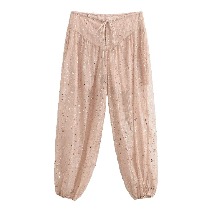 Women's loosely cut harem pants with sequin trim and drawstring Mune Fashion