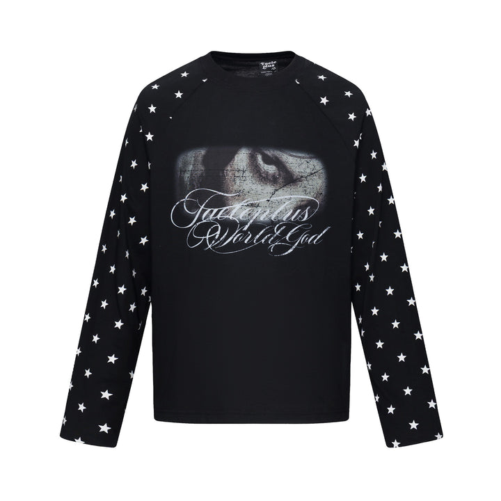 Unisex Long Sleeve Sweatshirt with Raglan Sleeves, Star Print Sleeves and Vintage Graphic Mune Fashion