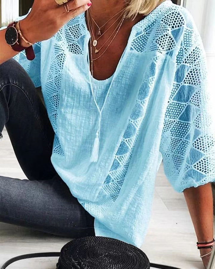 Women's airy blouse with deep neckline, lace inserts and balloon sleeves Mune Fashion