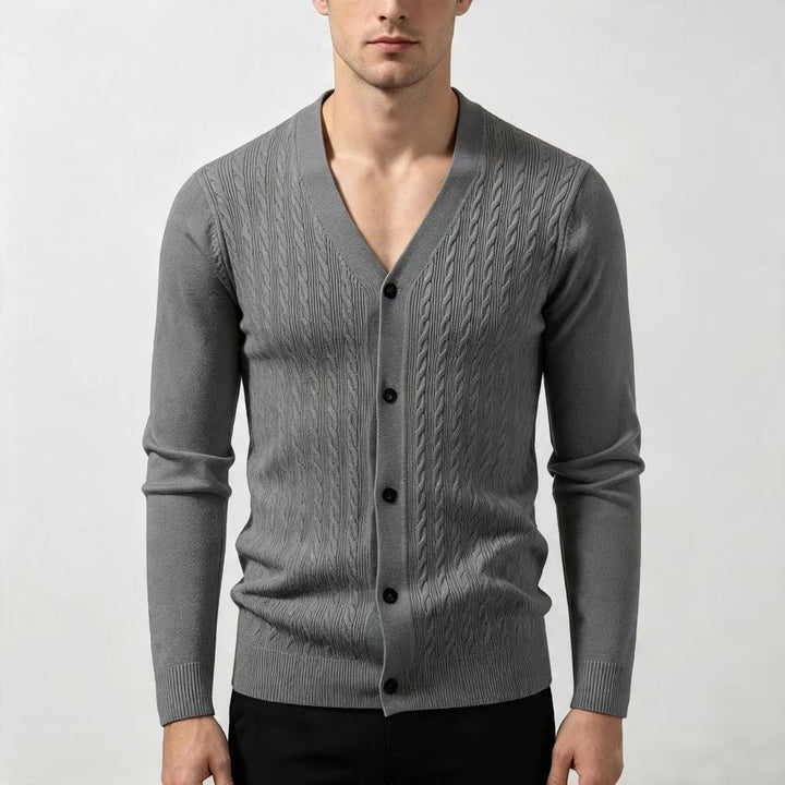 Men's fine knit cardigan with cable pattern, V-neck and button placket Mune Fashion