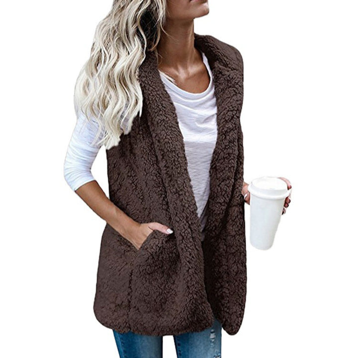 Women nan fluffy teddy vest with shawl collar and welt pockets Mune Fashion