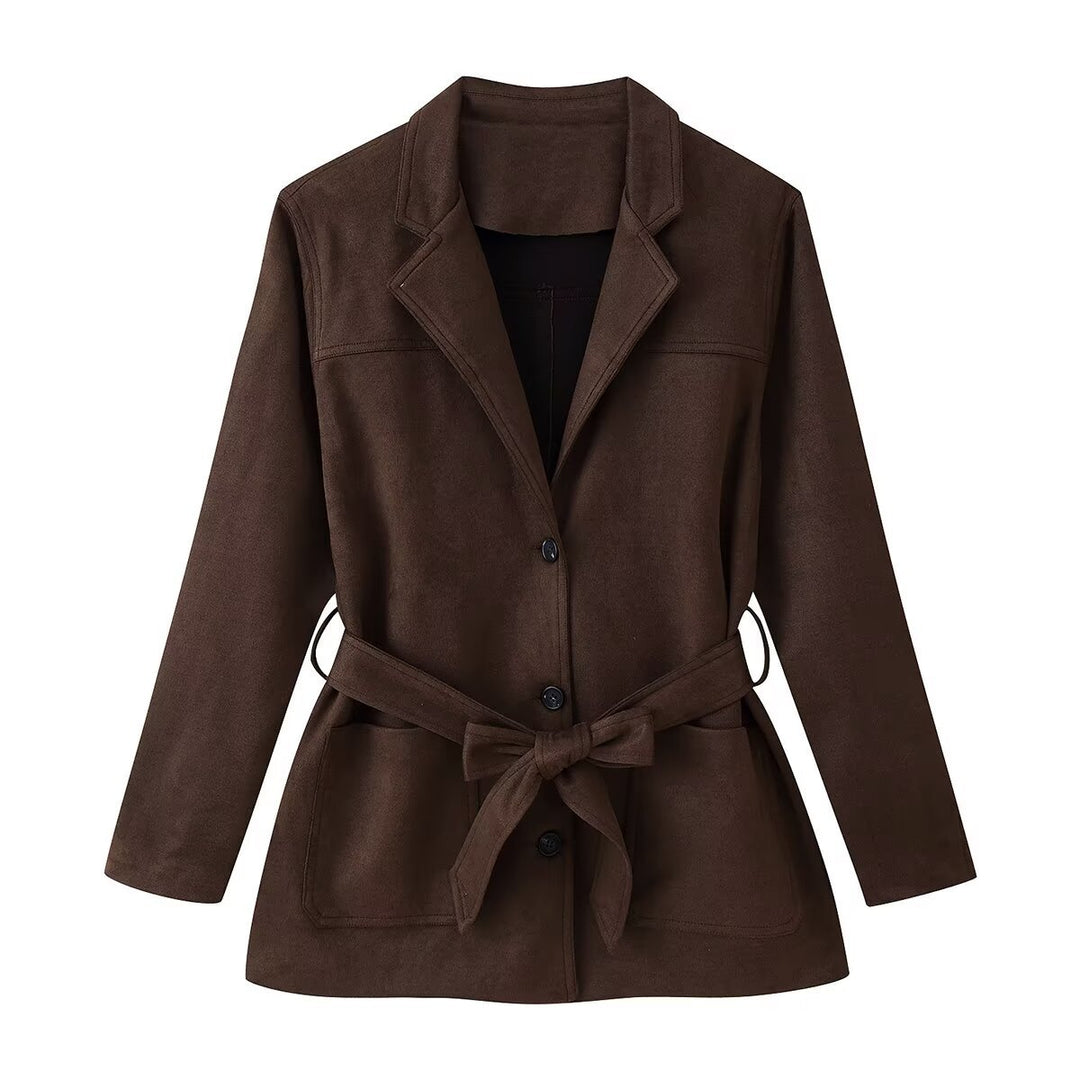 Ladies Tailored Suede Look Blazer with Ties and Patch Pockets Mune Fashion