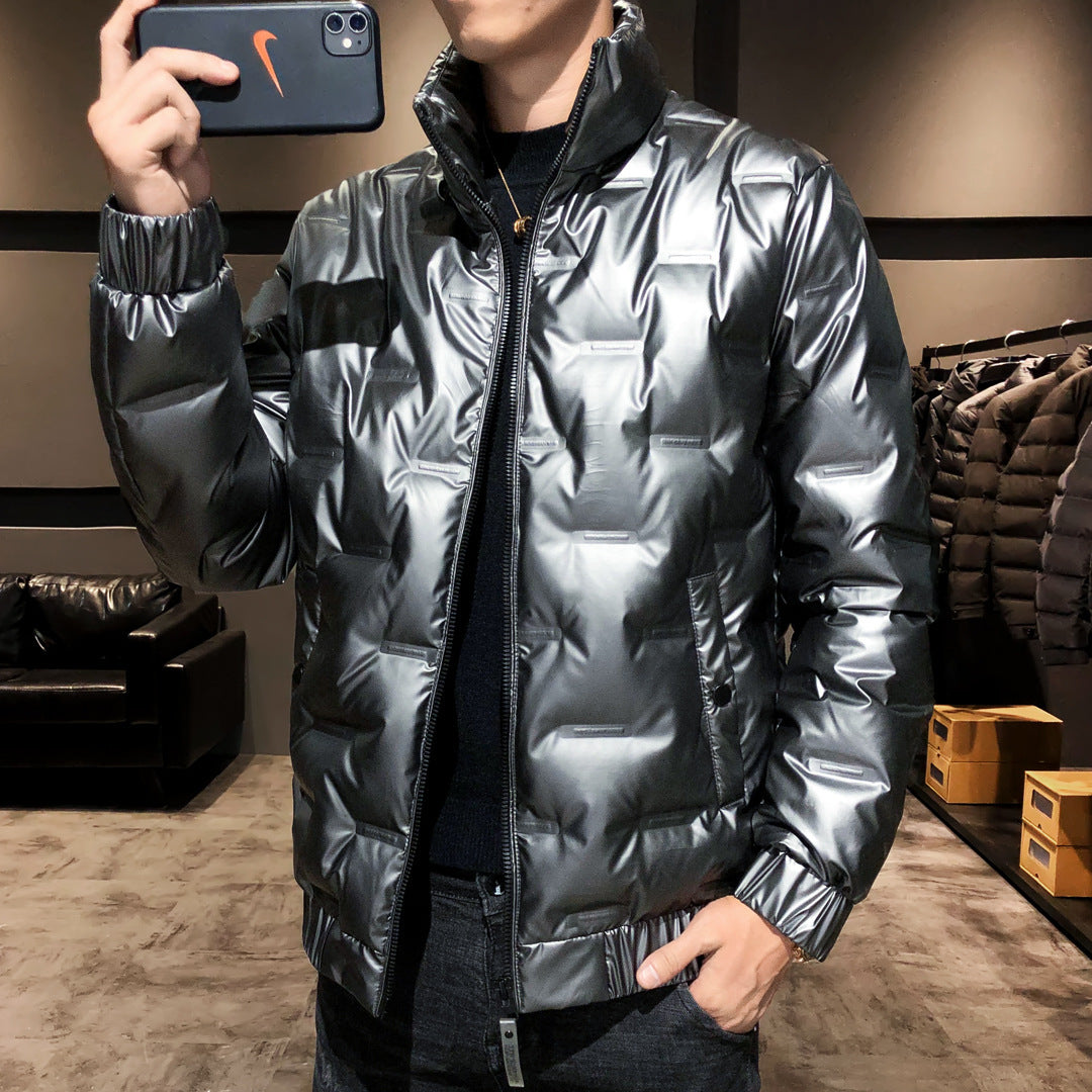 Men's Shiny Thermal Quilted Jacket with Square Quilt and High-Closing Stand-Up Collar Mune Fashion