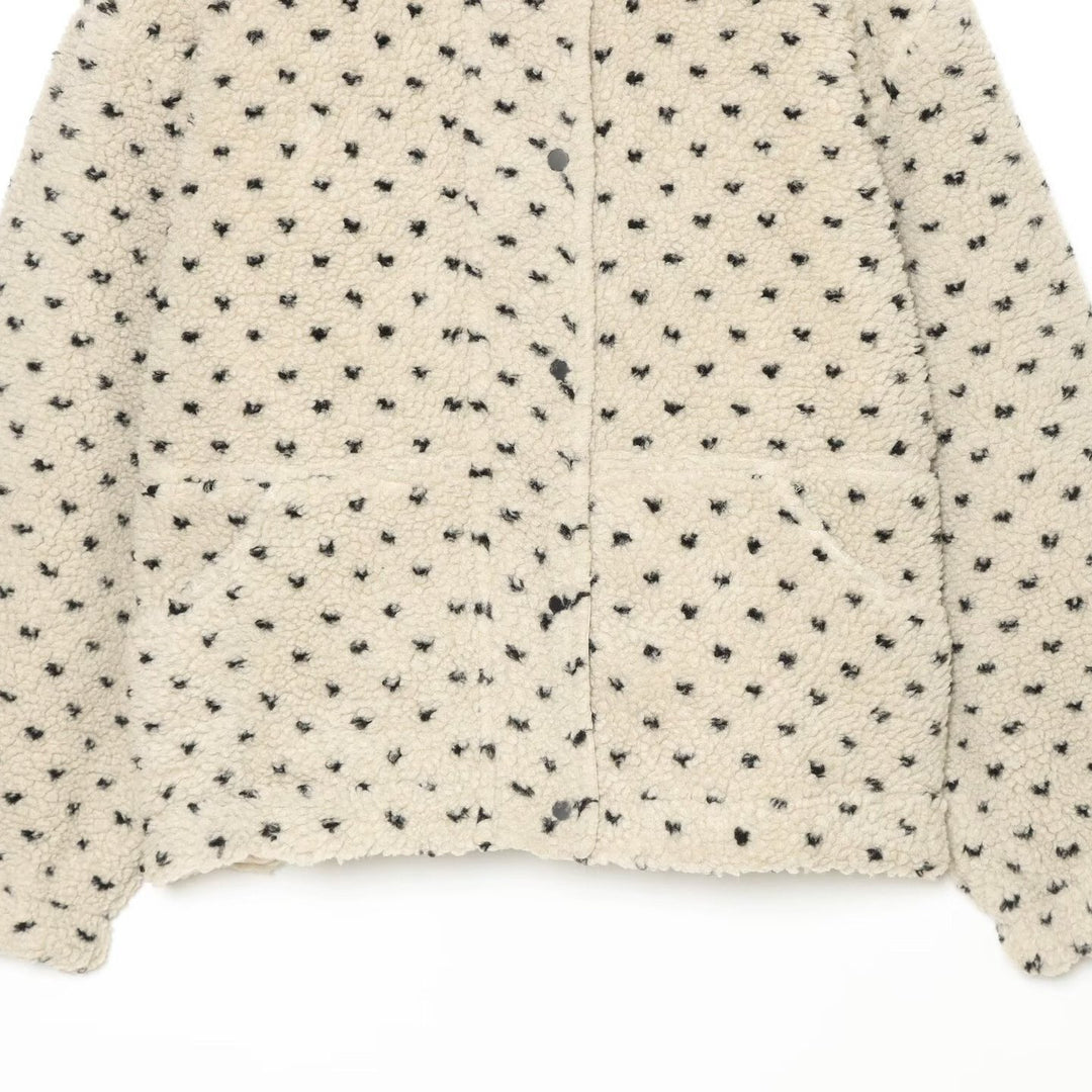 Women Short Teddy Jacket with Stand Collar and Polka Dot Pattern Mune Fashion