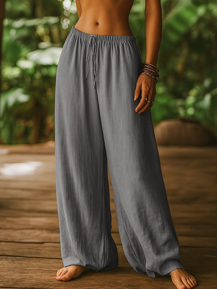 Ladies Lightweight Linen Pants with Wide Legs and Drawstring Mune Fashion