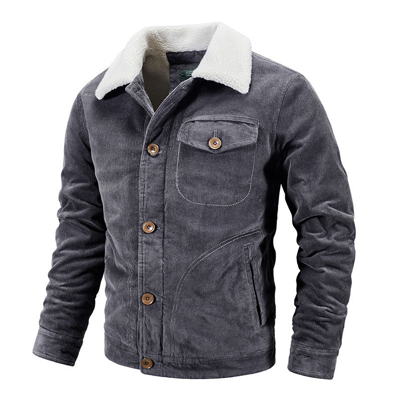 Men's cord trucker jacket with warming Sherpa collar and wooden button front Mune Fashion