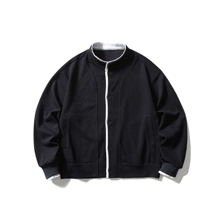 Unisex Short Cut Boxy Blouson Jacket with Waffle Structure, Stand-Up Collar and Contrast Piping Mune Fashion