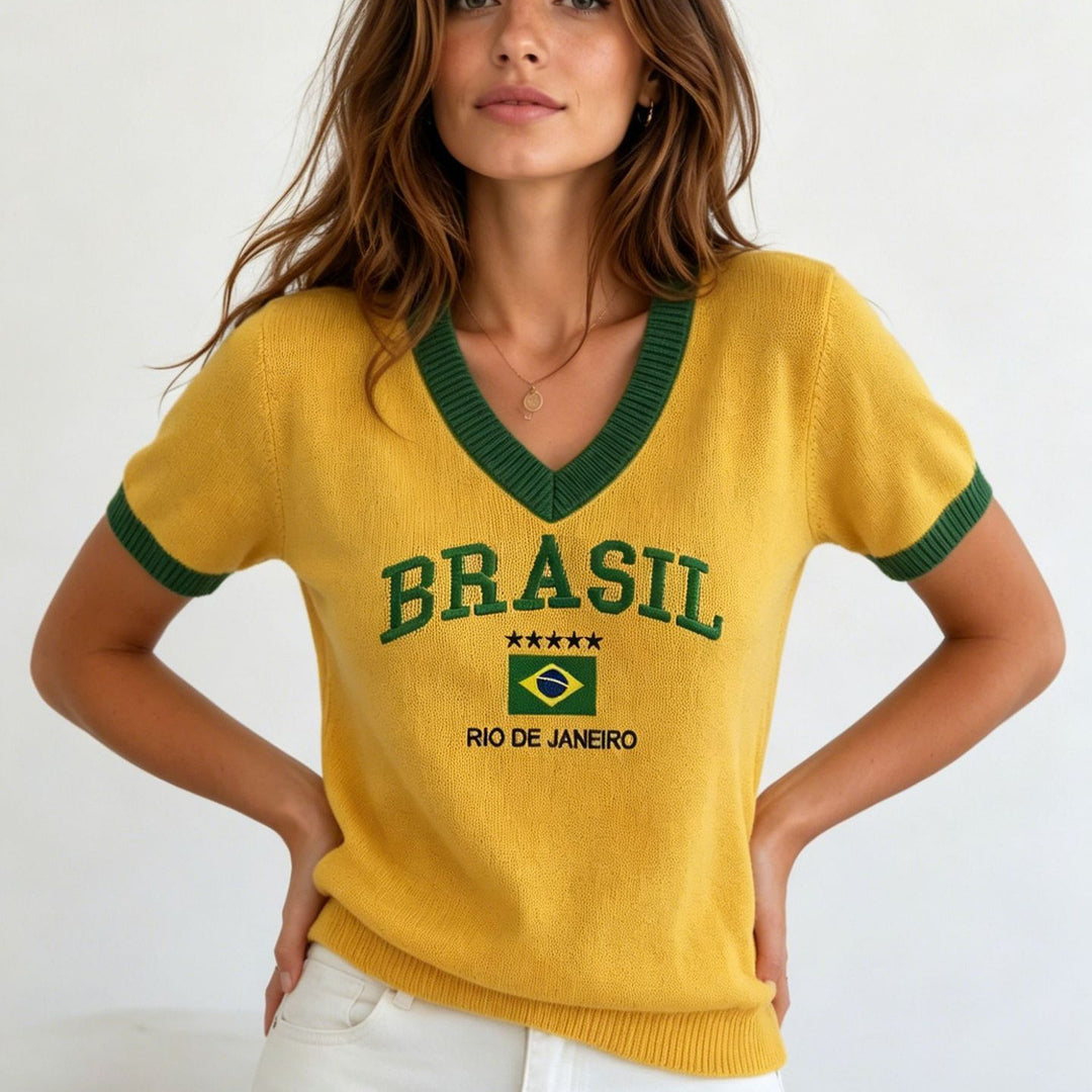 Unisex nan short retro knit sweater with V-neck, contrast cuffs and Brazil embroidery Mune Fashion