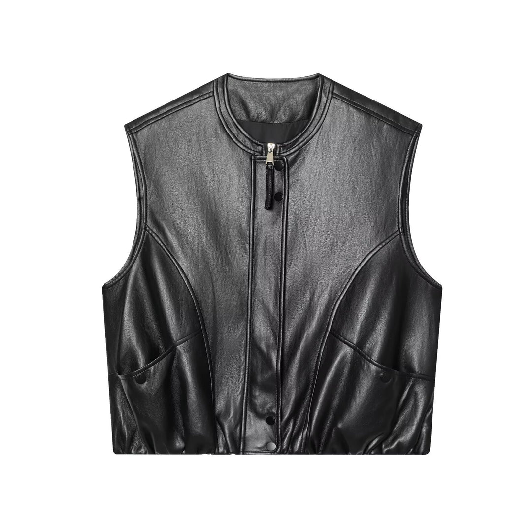 Women sleeveless jacket in leather look with stand-up collar and tailored fit Mune Fashion