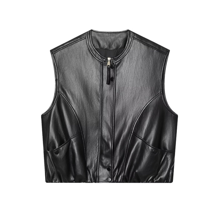 Women sleeveless jacket in leather look with stand-up collar and tailored fit Mune Fashion
