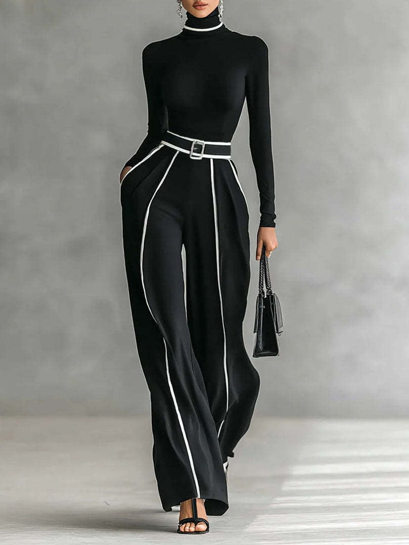 Ladies' elegant knit set with fitted turtleneck top and wide pleated trousers with waistband Mune Fashion