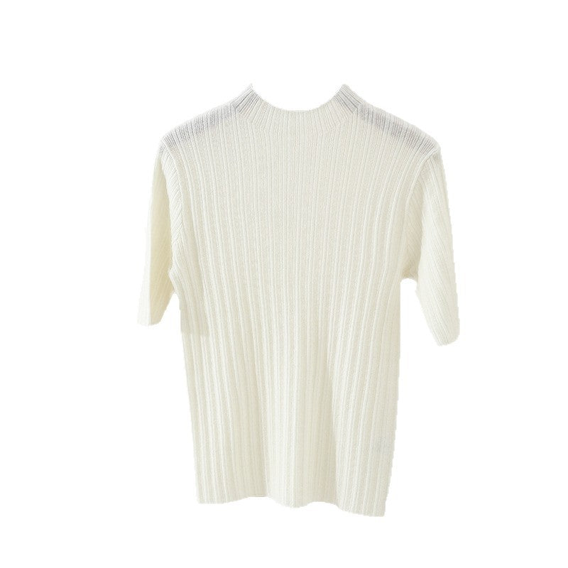 Ladies Fine Ribbed Short Sleeve Fine Knit Top with Stand Collar Mune Fashion