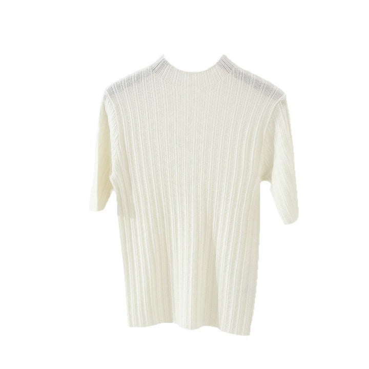 Ladies Fine Ribbed Short Sleeve Fine Knit Top with Stand Collar Mune Fashion