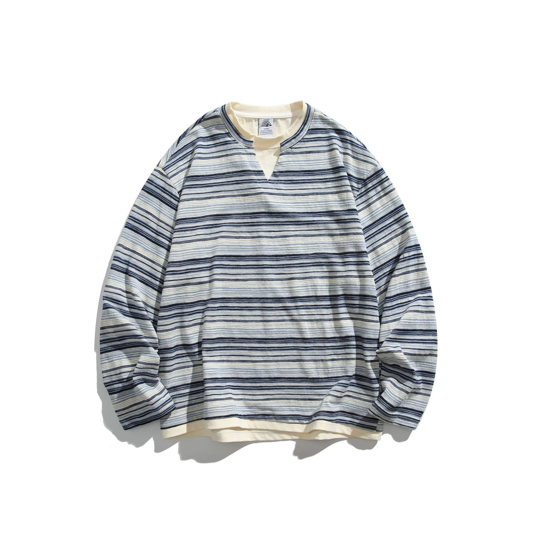 Unisex Striped Long Sleeve Shirt with V-Notch and Layer Effect Mune Fashion