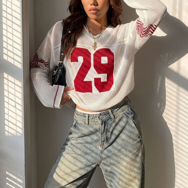 Women Oversize Mesh Knit Cropped Pullover with V-Neck Mune Fashion