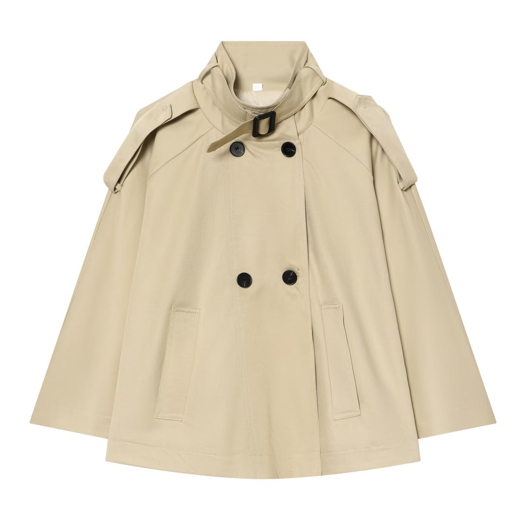 Ladies Short Trench Cape with Stand-up Collar, Shoulder Epaulettes and Double Button Placket Mune Fashion