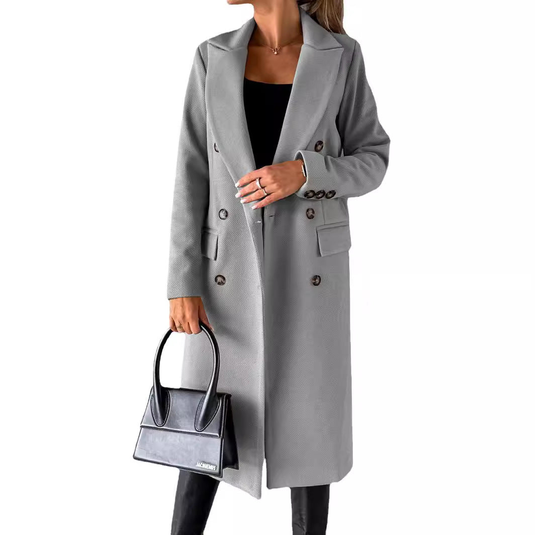Women's Double-Breasted Midi-Length Wool Coat with Notch Lapel and Tailored Silhouette Mune Fashion