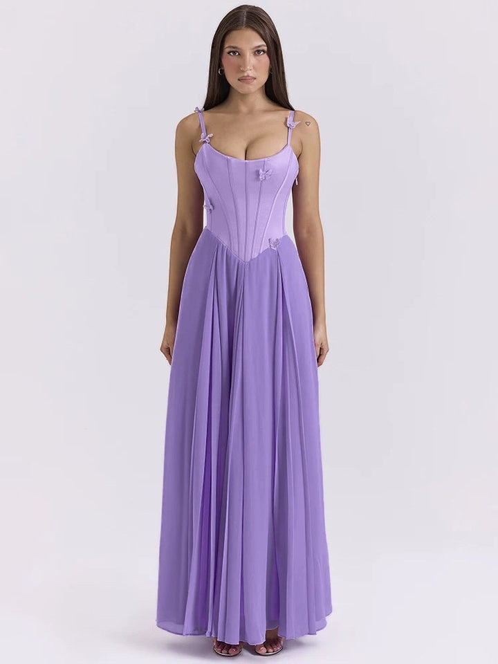 Women's bodycon corset maxi dress with butterfly straps and pleated chiffon skirt Mune Fashion