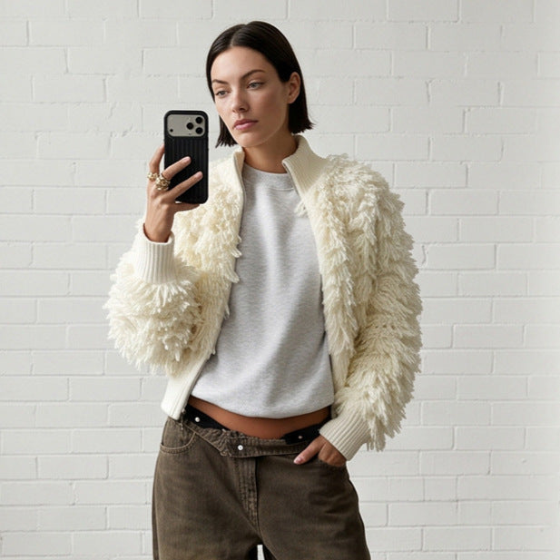 Women's short cardigan with fluffy bouclé look, zipper and wide ribbed hem Mune Fashion