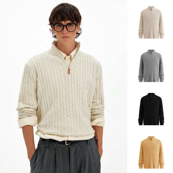 Men's Classic Chunky Knit Sweater with Zip Collar Mune Fashion
