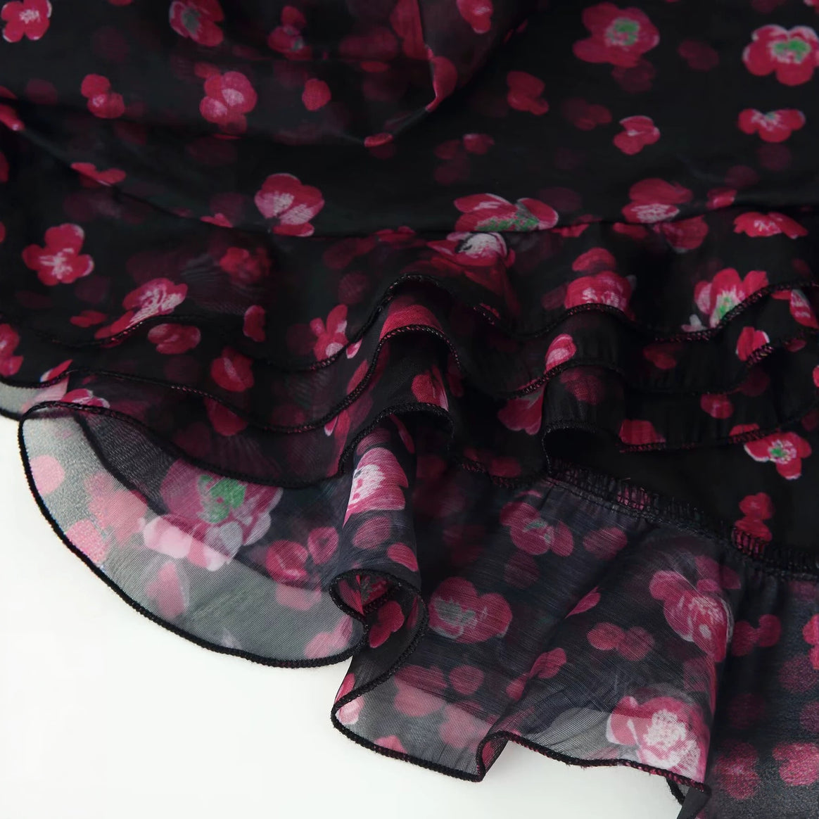 Women's Floral Chiffon Mini Dress with Deep V-Neck, Bell Sleeves and Tiered Ruffle Mune Fashion