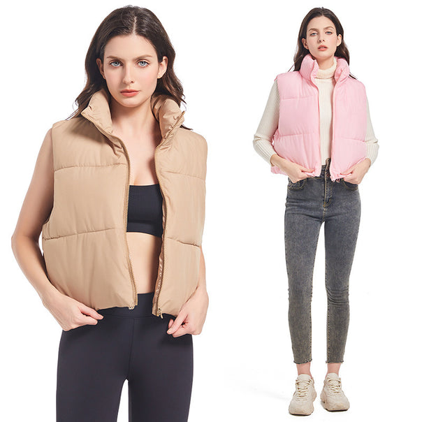 Women’s nan ultra-light short padded vest with high stand-up collar, two-way zipper and adjustable drawstring hem Mune Fashion