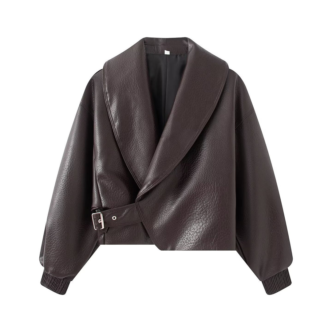 Womens Boxy Cropped Blouson Jacket made of faux leather with overlapping shawl collar and waist belt Drune