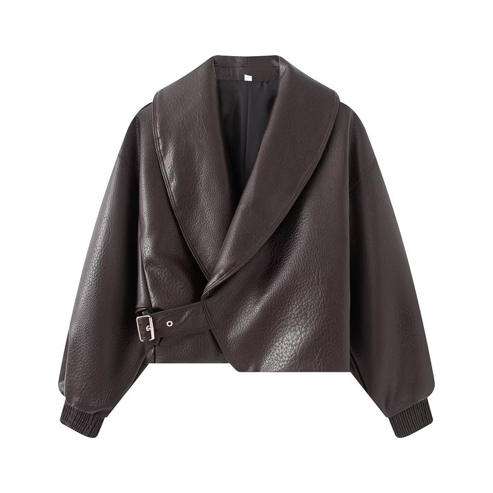 Womens Boxy Cropped Blouson Jacket made of faux leather with overlapping shawl collar and waist belt Drune
