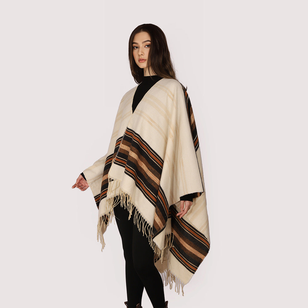 Women's Lightweight Ruana Poncho made of Wool-Viscose Blend with Striped Woven Border and Fringe Hem Mune Fashion