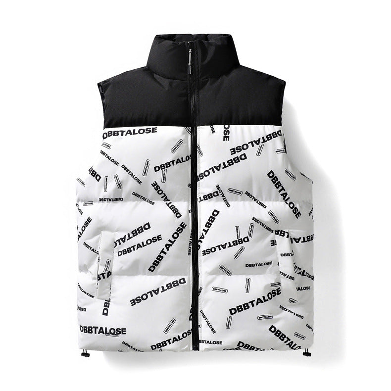 Men's Quilted Vest with High Stand-up Collar, All-over Logo Print & Drawstring Mune Fashion