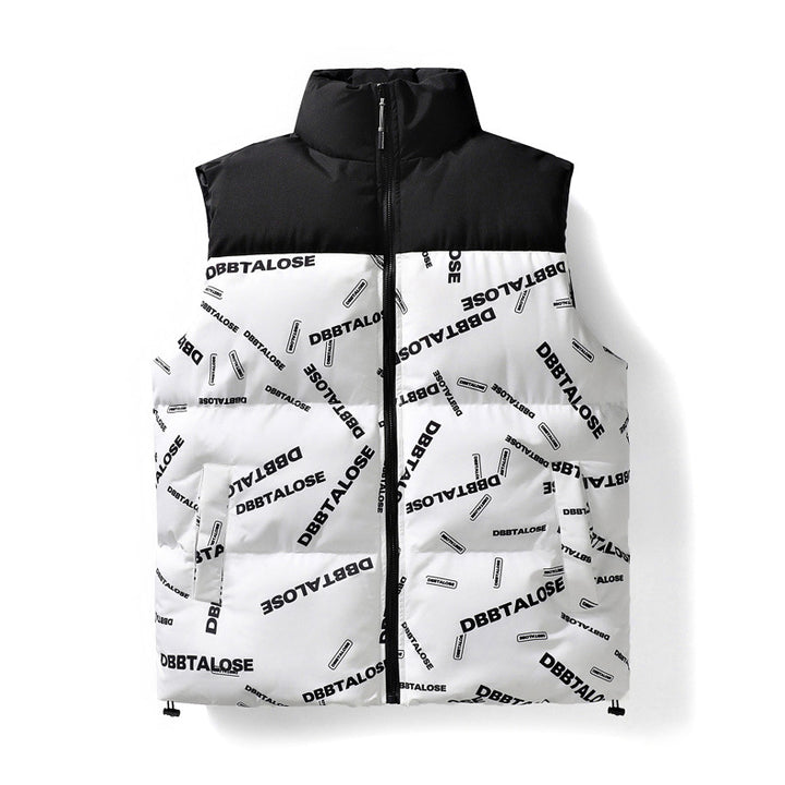 Men's Quilted Vest with High Stand-up Collar, All-over Logo Print & Drawstring Mune Fashion