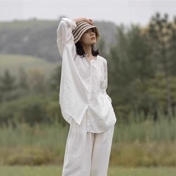 Women's Loose Oversized Linen Shirt with Stand Collar, Gathered Shoulder Yoke and Wide Balloon Sleeves Mune Fashion