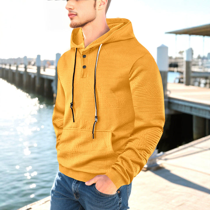 Men's hooded sweatshirt with geometric structure, Henley placket, and kangaroo pocket Mune Fashion