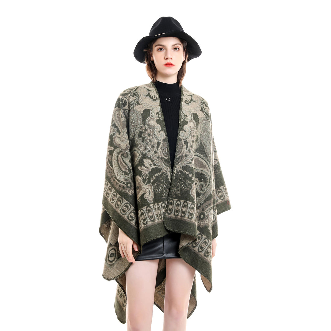 Women’s jacquard-woven oversized ruana with ornamentation and open kimono fall drape