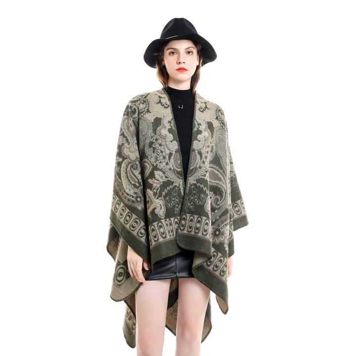Women’s jacquard-woven oversized ruana with ornamentation and open kimono fall drape