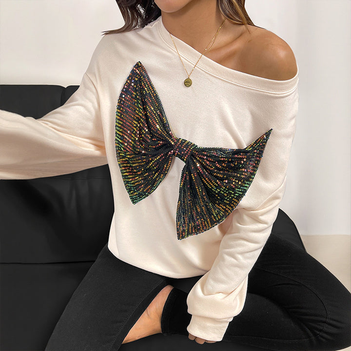 Women's Casual Sweater with Sparkling Bow Design Mune Fashion