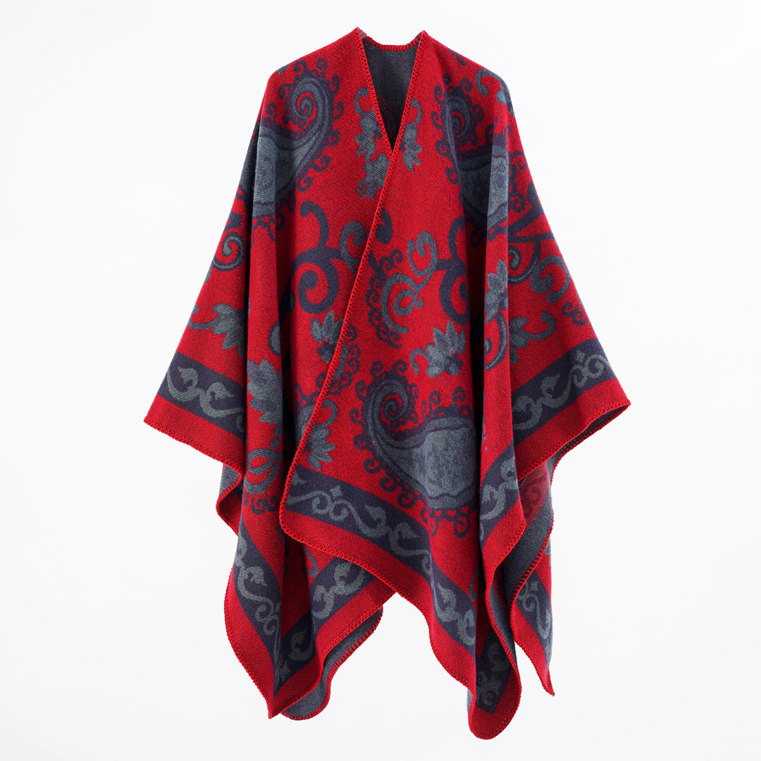 Women's jacquard wool blend poncho with paisley jacquard and open kimono fall Mune Fashion