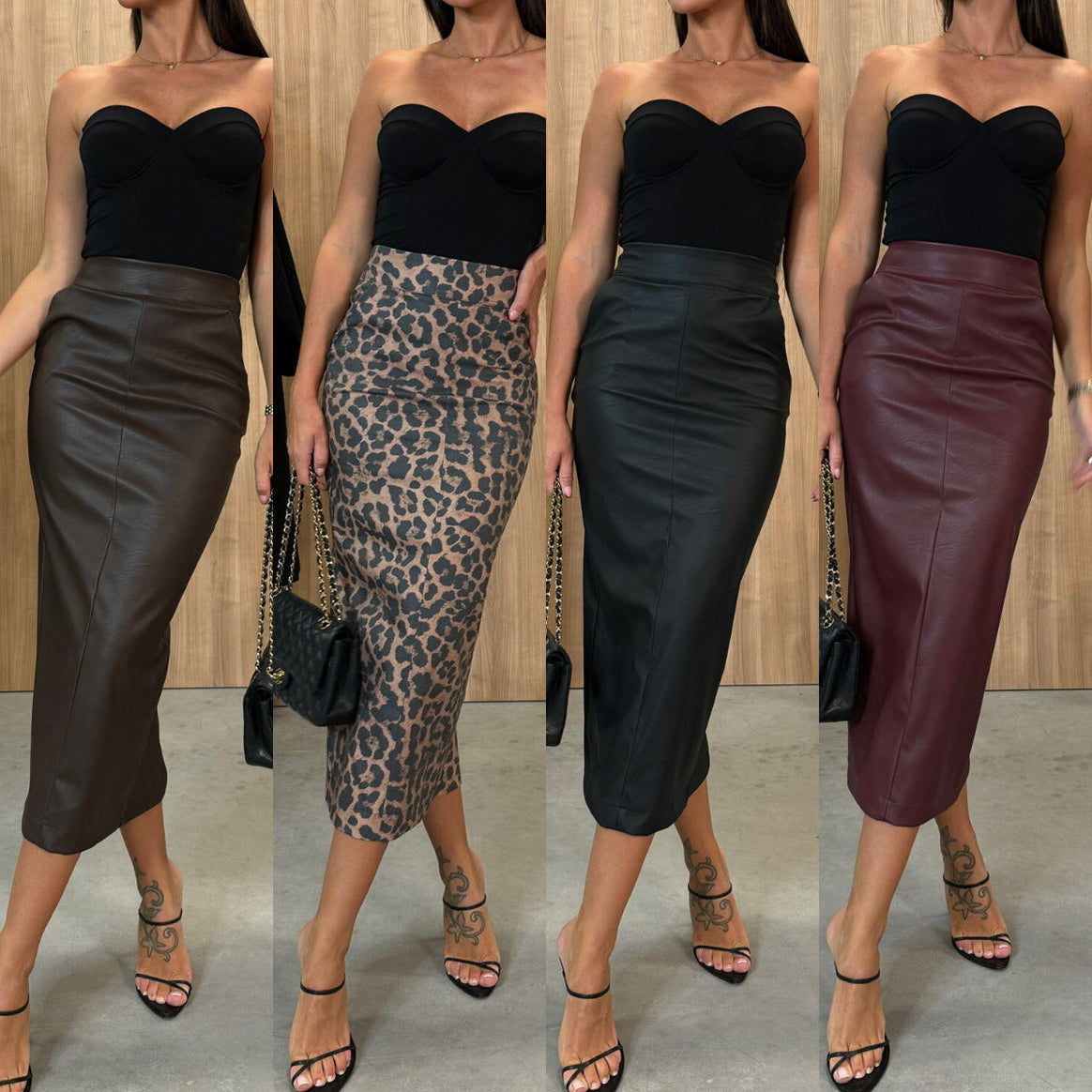 Women's Midi Skirt Made Of High-Quality Leather Imitation with A High Waistband Mune