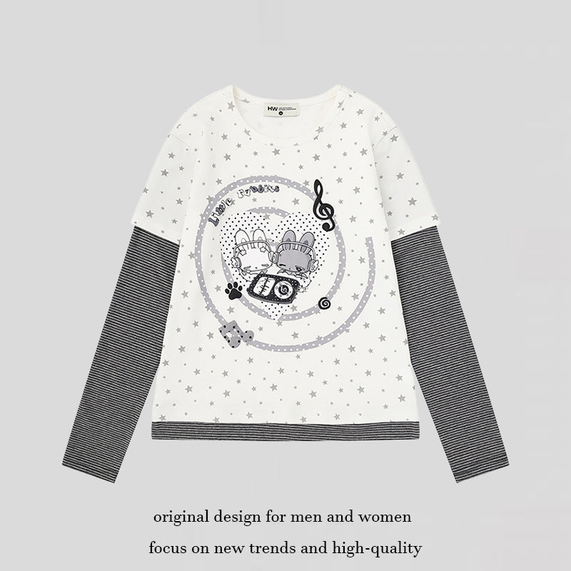 Women's Layered Long Sleeve Shirt with Allover Stars, Striped Insert Sleeves and Comic Bunny Front Print Mune Fashion