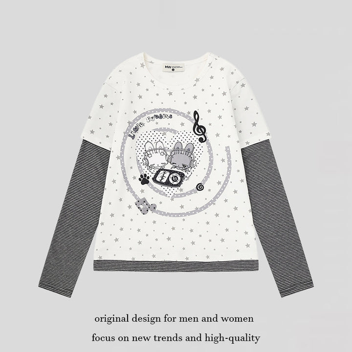 Women's Layered Long Sleeve Shirt with Allover Stars, Striped Insert Sleeves and Comic Bunny Front Print Mune Fashion