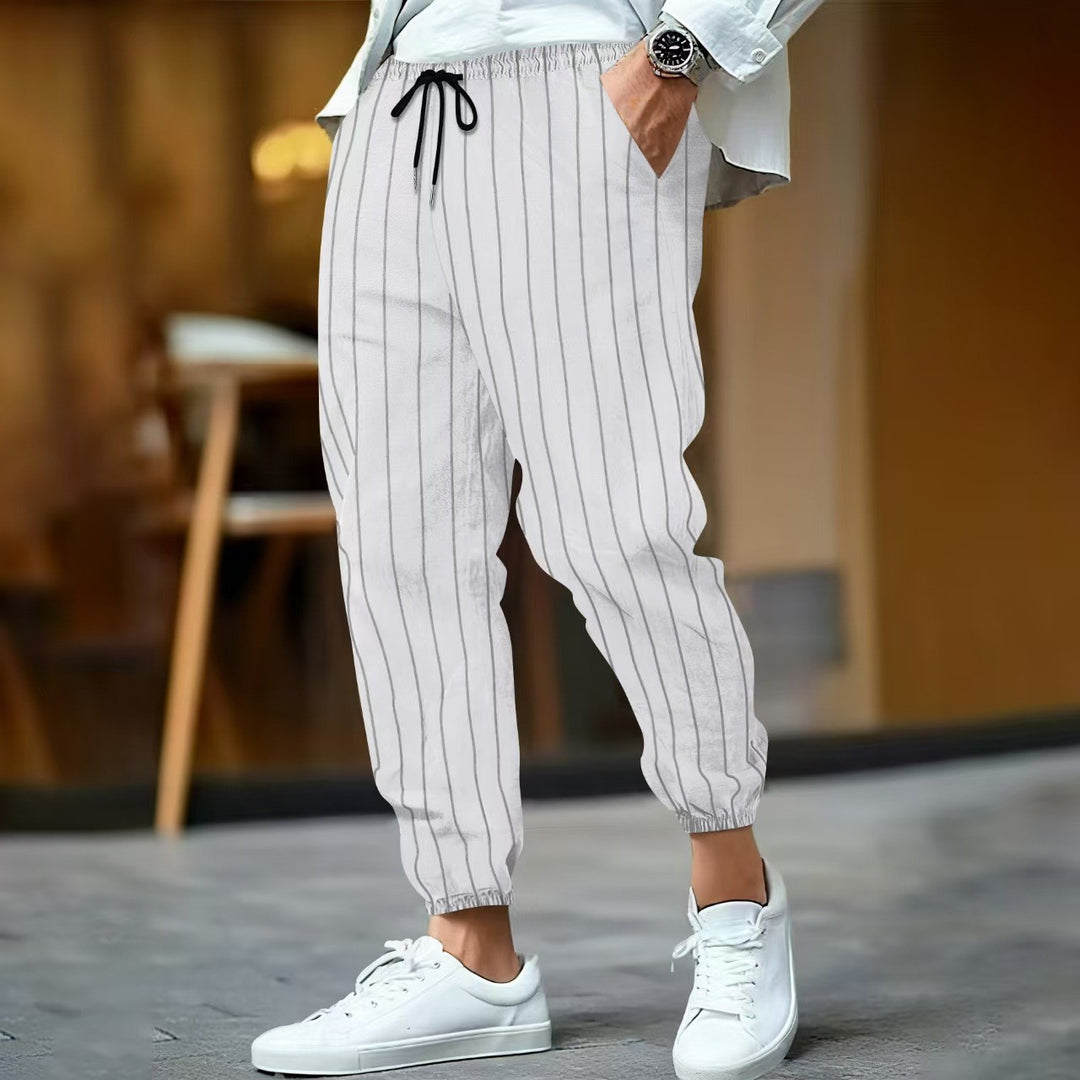 Men's striped linen look joggers with drawstring, elastic hem, and side pockets Mune Fashion