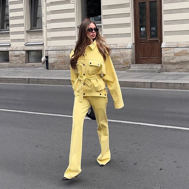Women's Utility Blazer with Tie Belt and High-Waisted Trousers Mune Fashion