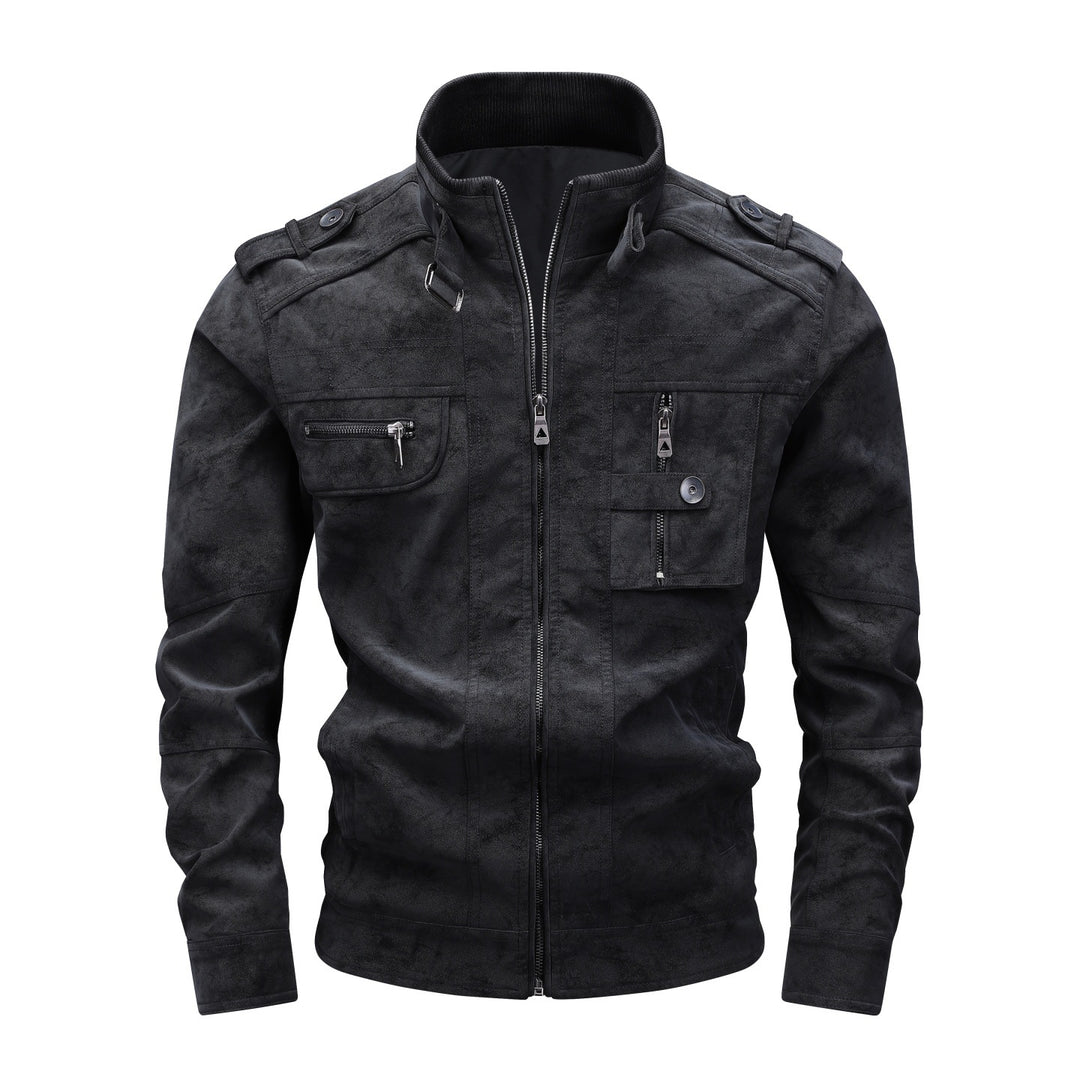 Men's Utility Flight Jacket in Suede Look with Stand Collar, Epaulettes and Multiple Pockets Mune Fashion