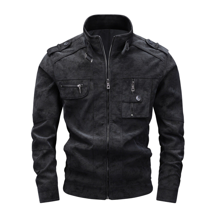 Men's Utility Flight Jacket in Suede Look with Stand Collar, Epaulettes and Multiple Pockets Mune Fashion