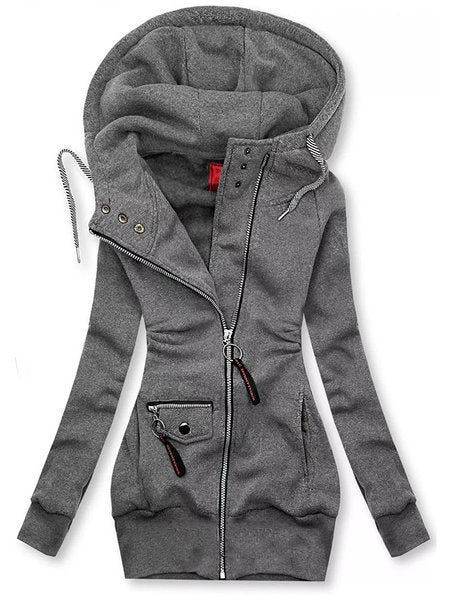 Women's Long Hooded Jacket with Asymmetrical Zipper and Zip Pocket Mune Fashion
